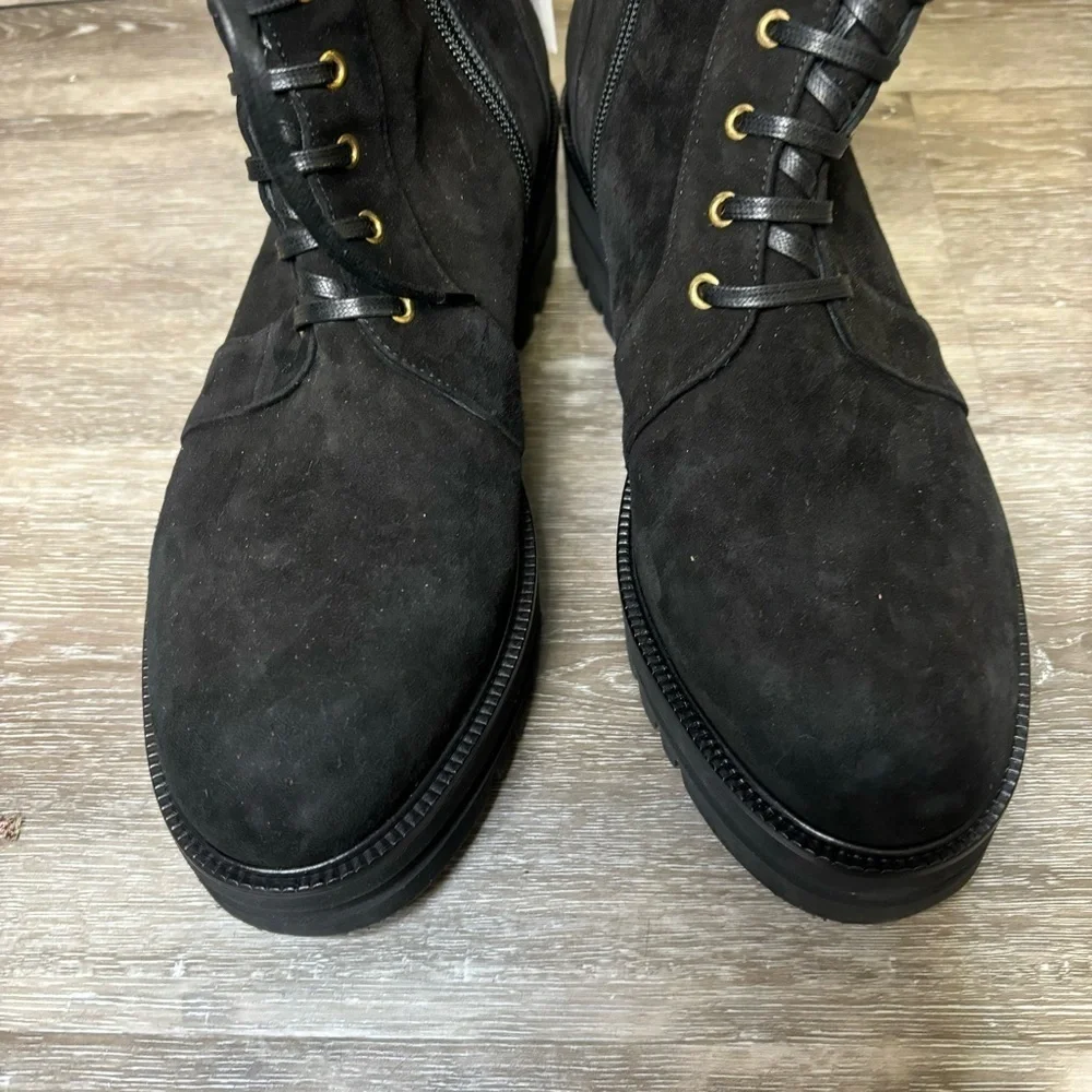 Loriblu | Black Ankle Combat Boots With Gold Buckle Detail Size 41 Made In Italy